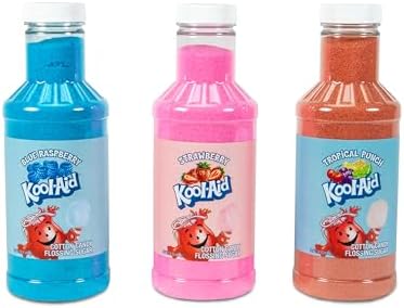 Nostalgia Kool-Aid Cotton Candy Variety Kit – 3 Flossing Sugar Flavors (Blue Raspberry, Strawberry, Tropical Punch) – 7-oz Bottles – Compatible with Cotton Candy Makers – Party Supplies